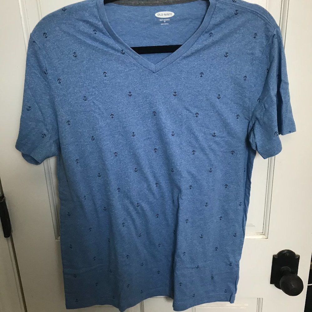 Blue Anchor Motif V-neck T-shirt